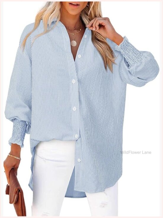 Tops - Long Sleeve Striped Button Down Shirt Oversized Blouse